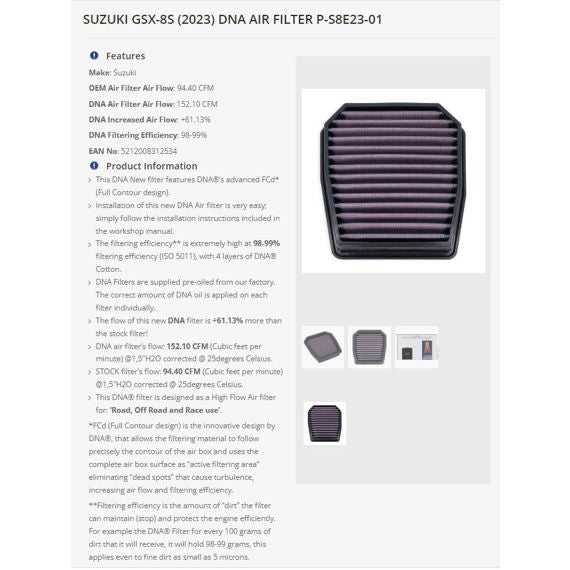 Filtro DNA de alto rendimiento para Suzuki GSX-8S / V-Strom 800 DE '23-
