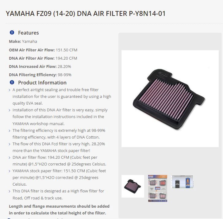 Filtro de alto rendimiento DNA Yamaha MT09 / XSR900 / Tracer 900 / Niken