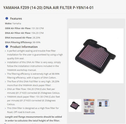 Filtro de alto rendimiento DNA Yamaha MT09 / XSR900 / Tracer 900 / Niken